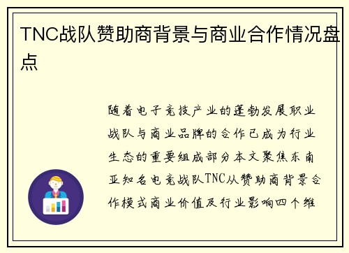 TNC战队赞助商背景与商业合作情况盘点